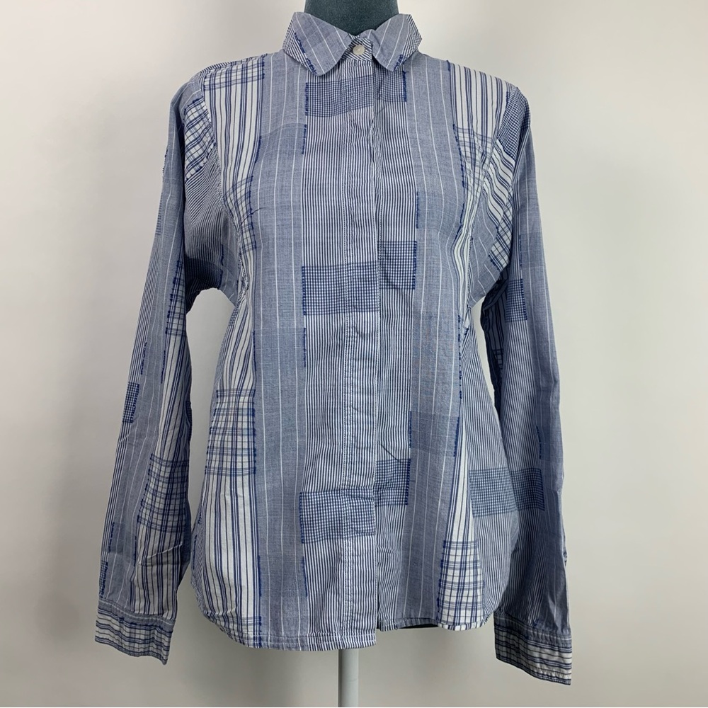 Odille Anthropologie Womens 4 Blue White Patchwork Print Long Sleeve Shirt